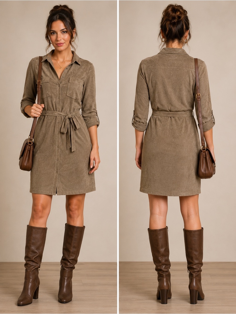Faux Suede Dress Women’s Small Tan Tie Belt Button Up Collared Max Studio